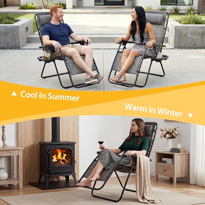 NEWBULIG Zero Gravity Chairs Set of 2, Lounge Chair Folding Portable Adjustable Camping Recliner with Adjustable Pollow, Mesh Back, Cup Holder Trays Lawn Patio Chair for Pool Beach