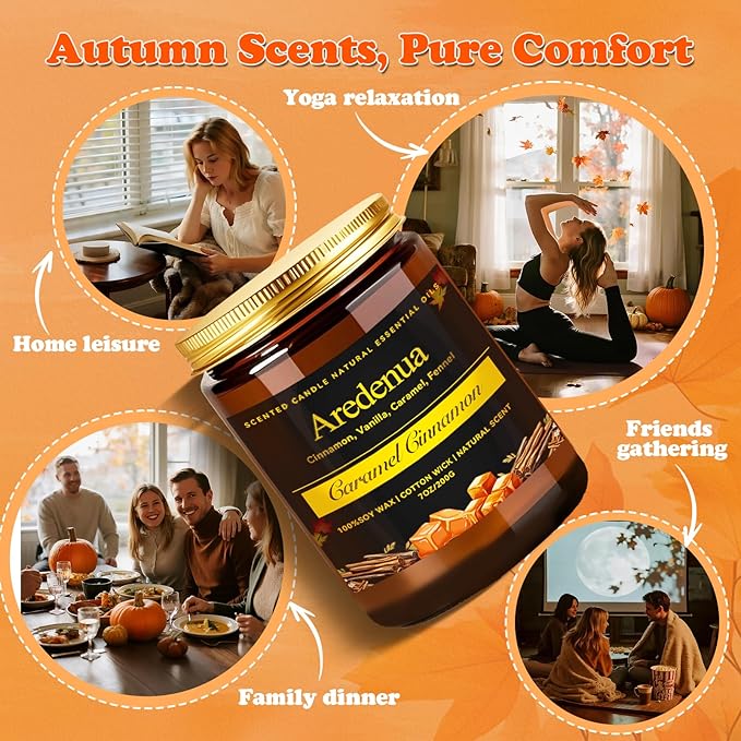 Fall Candle - Caramel Cinnamon Candle | Autumn Scented Candles for Home, 7oz Fall Soy Candles for Home Scented, 50 Hours Burn Time, Harvest Holiday/Halloween/Thanksgiving Autumn Gifts for Women Men