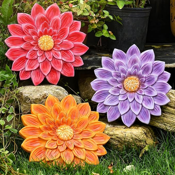 Cinnvoice 3 Pack Garden Stepping Stone Outdoor, Decorative Dimensional Resin Stepping Stones for Patio Pathway Landscaping Walkway Sculpture Yard Backyard Lawn(Dahlia,10 Inches)