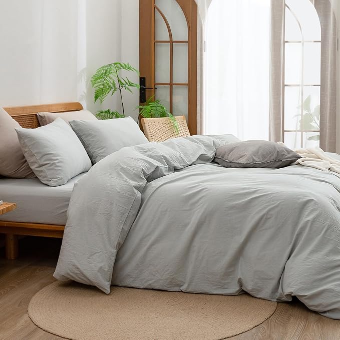 BESTOUCH Duvet Cover Set 100% Washed Cotton Linen Feel Super Soft Comfortable Chic Lightweight 3 PCs Home Bedding Set Solid Northern Droplet Grey Super King
