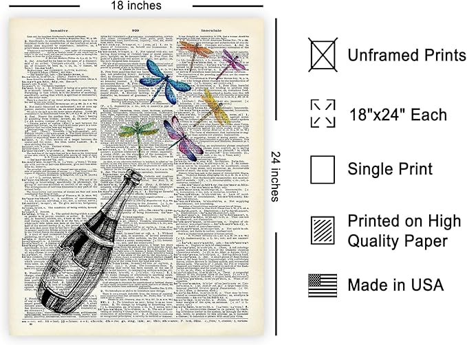 Poster Master Dictionary Art Poster - Champagne Bottle Print - Dragonfly Art - Alcohol Art - Gift for Men, Women & Bartender - Great Decor for Bar, Kitchen or Restaurant, 18x24 Unframed Wall Art