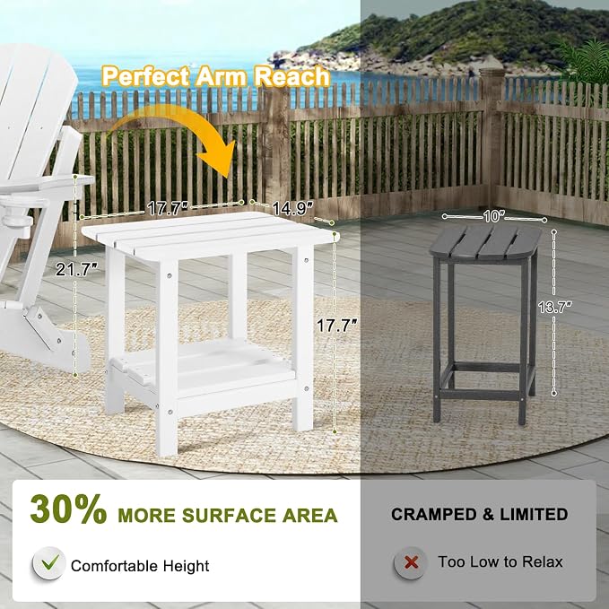 Adirondack Outdoor Side Table, 2-Tier Small Patio End Table, Weather Resistant HDPE Outdoor End Tables for Garden, Lawn, Pool, Beach, Porch, Deck, Backyard - Square, White