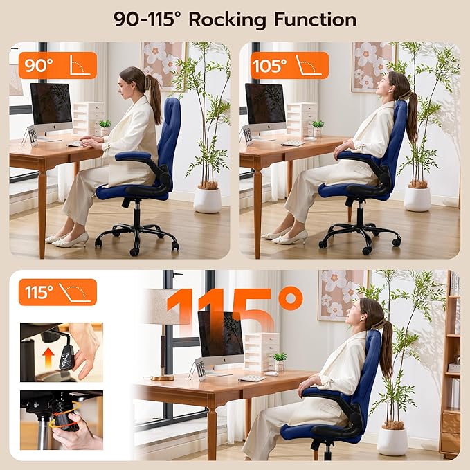 Office Desk Chair, Ergonomic Computer Chair with Padded Flip-Up Arms and Adjustable Lumbar Support, PU Leather Executive Chair with Tilt Lock and 360° Swivel Rolling Wheels for Work, Study