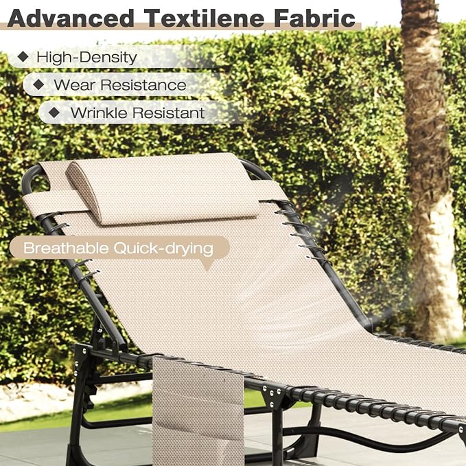 Outdoor Lounge Chair, Foldable Reclining Chaise Lounge with Detachable Pillow & Side Pocket, 4-Position Recliner Tanning Chair for Beach, Pool, Lawn, Backyard, Beige, 2 Packs