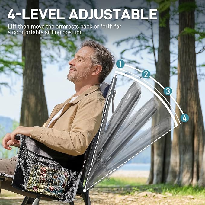 EVER ADVANCED Reclining Camping Chairs for Adult Lightweight, Folding Recliner Chair with Adjustable Back, 4-Level Lounge Chairs, Portable Lawn Chairs for Patio Balcony, Supports 350lbs Grey