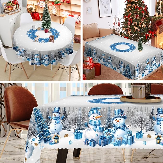 Eikione Round Tablecloth 60inch, Christmas Tablecloth Waterproof and Wrinkle-Free, Table Covers, Winter Decorations for Home Dining Blue