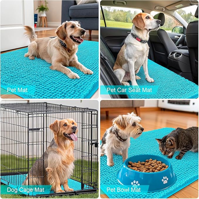 OLANLY Dog Door Mat for Muddy Paws 40x32, Absorbs Moisture and Dirt, Absorbent Non-Slip Washable Doormat, Quick Dry Chenille Mud Mat for Dogs, Entry Indoor Entryway Carpet for Inside Floor, Aqua Blue
