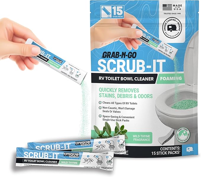 Unique Scrub-It Foaming RV Toilet Cleaner - Wild Thyme Scent, 15 Count Stick Packs, Premeasured, No-Mess, Grab-N-Go Powder Removes Stains from RV Toilet Bowls, Helps Lubricate Valves and Seals