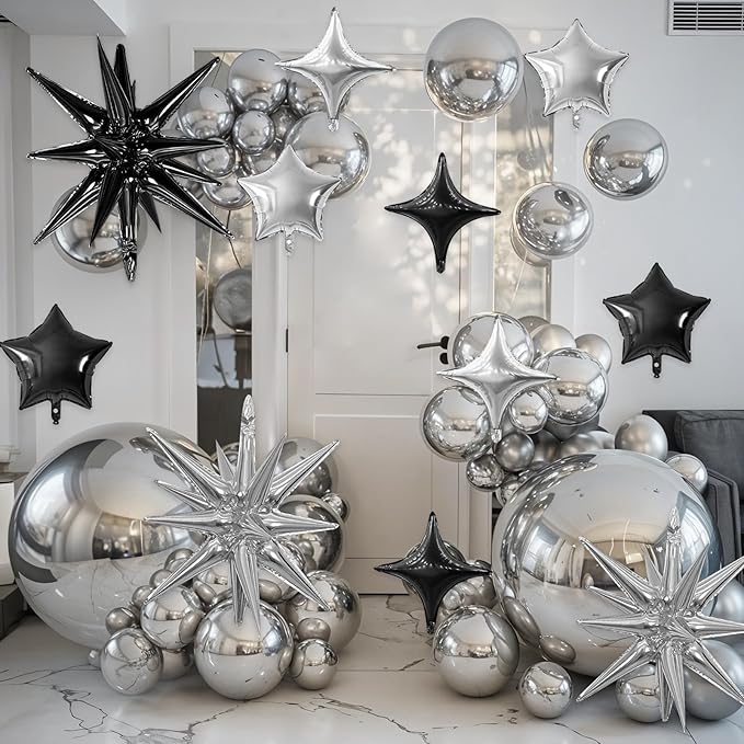 Black Silver Star Balloon,16Pcs Star Foil Balloons Set with 22Inch Explosion Spike Cone Balloons and 10Inch Quadrangle Helium Balloon for Birthday Wedding Baby Shower Party Decorations