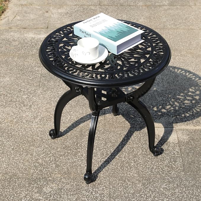 Cast Aluminum Outdoor Side Table, All Weather Round Small Coffee Table for Patio,Park,Lawn,Yard (18.5" Black)