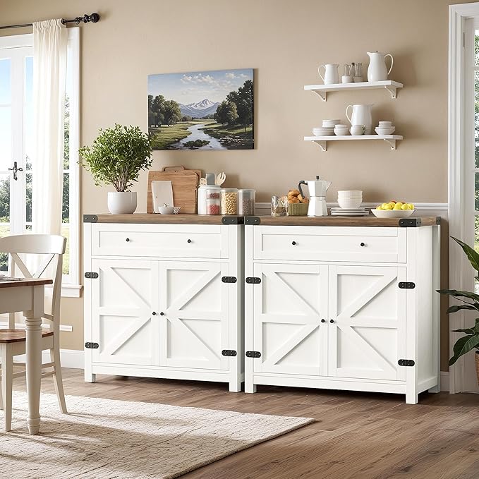 YESHOMY Coffee Bar and Accent Cabinet, Farmhouse Barn Door Buffet Sideboard with Drawer and Adjustable Shelf, Wide Desktop for Kitchen, Dining Room, Bathroom, Entryway, White＆Rustic