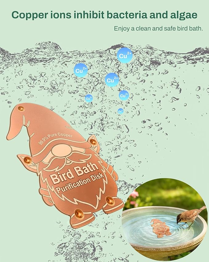 Bird Bath Purification Disk Pure Copper Outside Winter Solar Power Birdbath Backyard Outdoor Wild Cleaner Heater Hummingbird Bee Water Humming Feeder Cage Dispenser Lover Gift Accessories Gnome