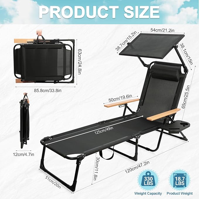 Outdoor Chaise Lounge Chair with 4-Position Adjustable Backrest,Patio Folding Sun Tanning Chair,Pillow & Cup Holder,Portable Recliner Sunbathing Lounger Chairs for Beach Garden (Black with Shade)