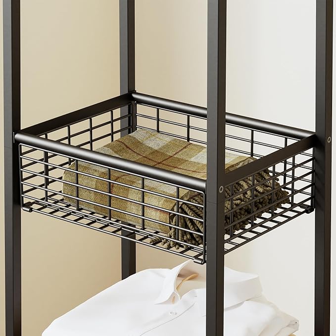Coat Rack Freestanding, Coat Stand with Metal Basket and Storage Shelves, Hall Tree Free Standing With and 7 Hooks, Clothes Rack Stand Organizer, Black