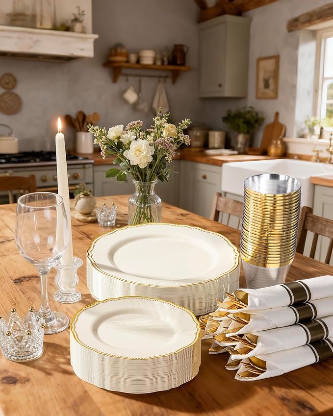 Hioasis 175pcs Ivory Gold Plastic Plates - Gold Plastic Dinnerware Set Includes 25 Dinner Plates, 25 Dessert Dinnerware, 25 Cups, 25 Napkins Perfect for Wedding & Party