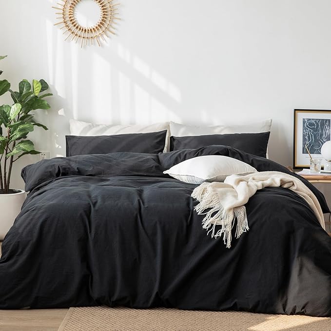 MooMee Bedding Duvet Cover Set 100% Washed Cotton Linen Like Textured Breathable Durable Soft Comfy (Solid Black, Oversized King Plus 128"x120")