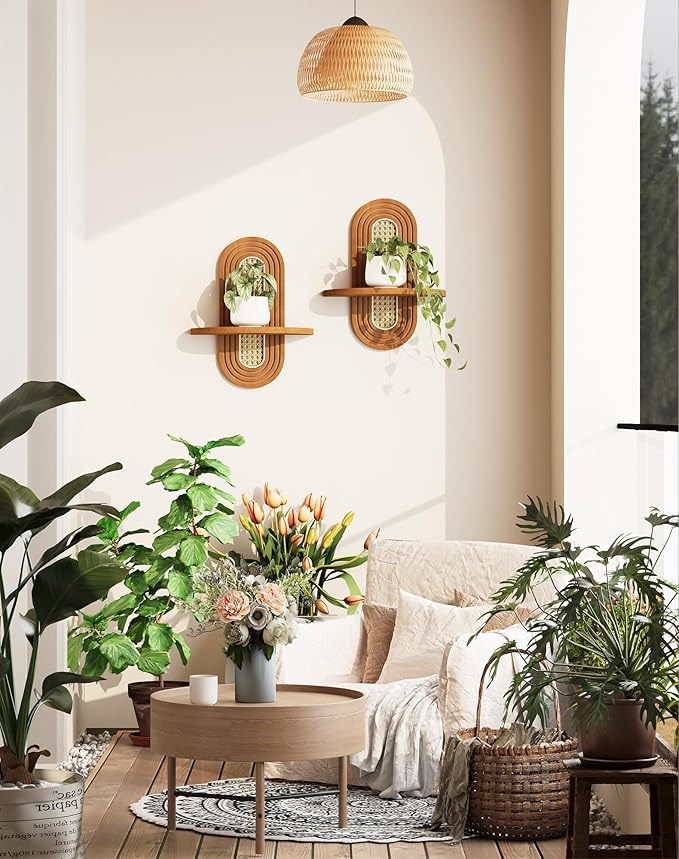 Floating Shelves for Wall, Boho Home Wall Decor, Rattan Plant Shelf Set of 2