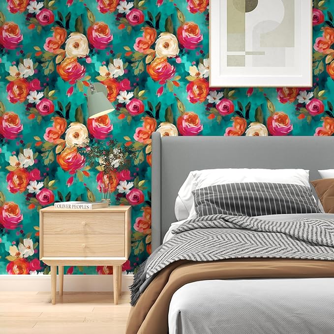 BOKEBEVE Bright Floral Wall Paper Watercolor Peel and Stick Wallpaper Oil