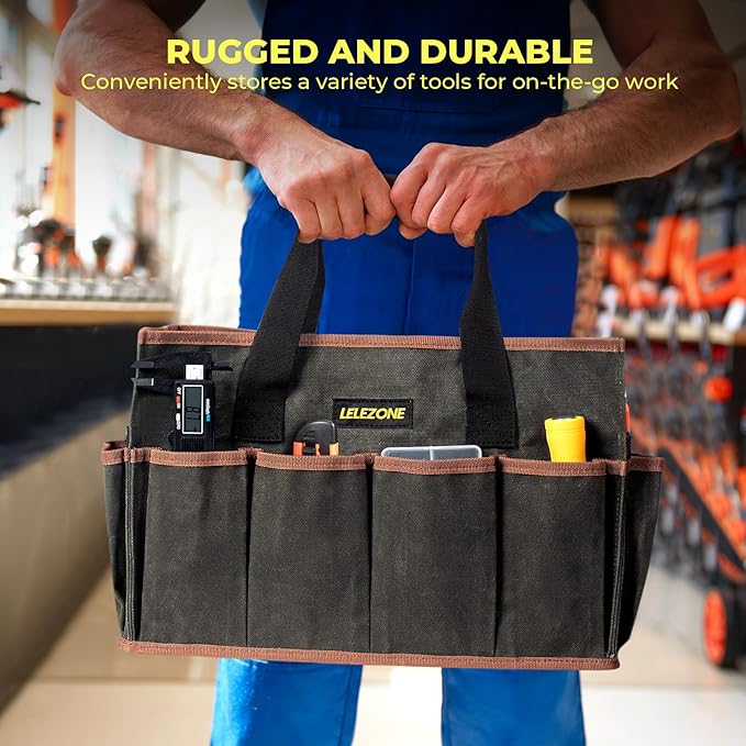 Tool Bag 16 oz. Waxed Canvas Tool Bag Large Capacity Tool Storage Tote comes with a Main Compartment and 12 Exterior Pockets for Wrenches, Scissors, Hammers or a set of Garden Tools and More ArmyGreen