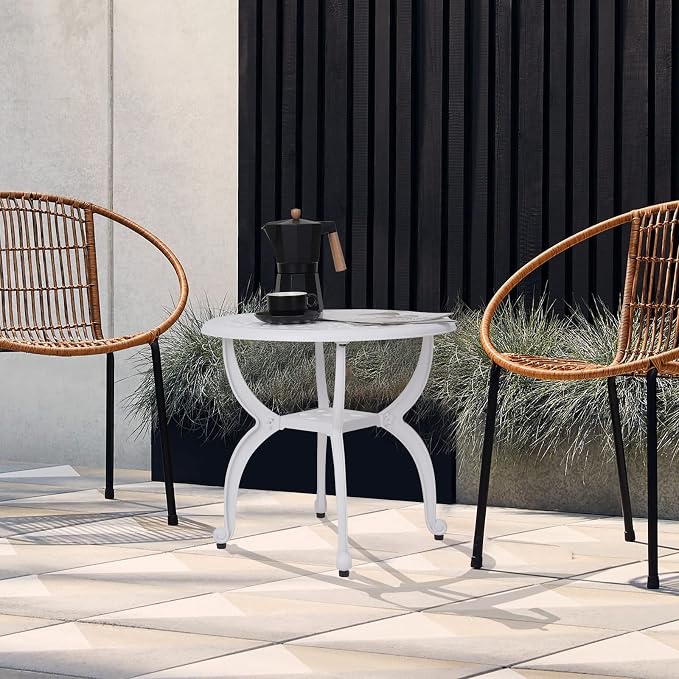 YKSY&YKSY Jardin DE Centennial Cast Aluminum Outdoor Side Table,Anti-Rust Outdoor End Table,Patio Coffee Bistro Table for Indoor,Garden,Porch,Balcony(Round White)