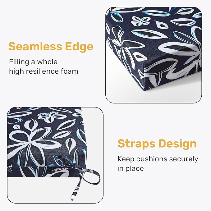 UNIKOME Outdoor Chair Cushions Pack of 4, Water Resistant Patio Cushions with Ties, High Density Sponge Filling Square Corner Seat Cushions for Outdoor Furniture, 24"*24"*4", Navy/White