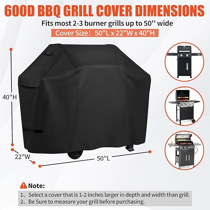 iCOVER Grill Cover 50 inch, BBQ Grill Cover for Outdoor Grill, 600D Heavy Duty Waterproof BBQ Cover, Anti-UV and Rip-Proof Barbecue Cover, Gas Grill Cover for Weber, Char-Broil, Nexgrill, etc