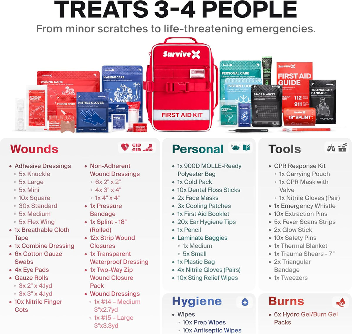 SurviveX Large First Aid Kit - Essential Emergency Supplies for Car, Travel, Hiking & Camping