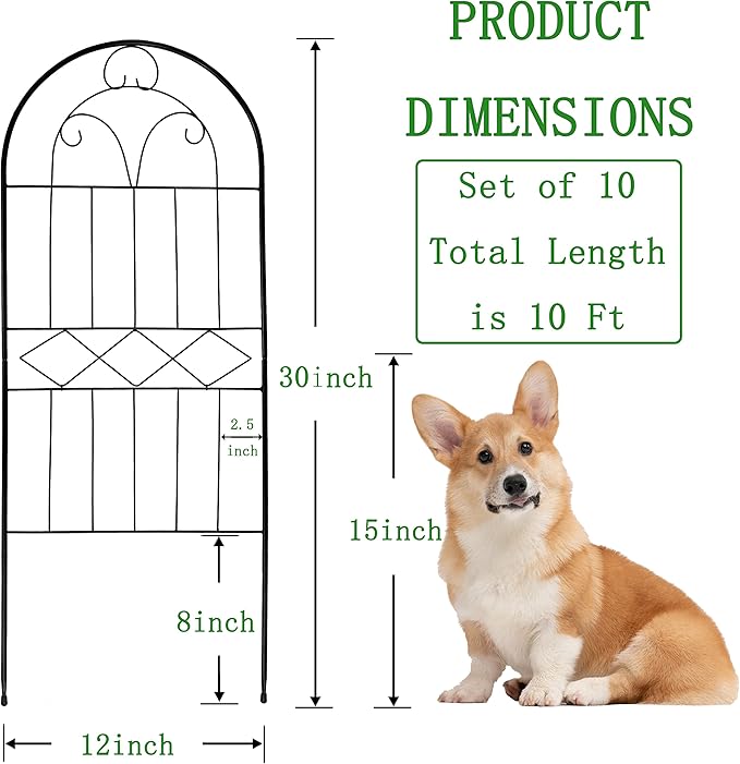Decorative Garden Fence 30in (H) x 10ft (L), 10 Pack Rustproof Metal No Dig Fence Animal Barrier, Arched Flower Bed Edging, Wire Border Fencing Panel for Dog, Yard, Patio, Outdoor, Decor