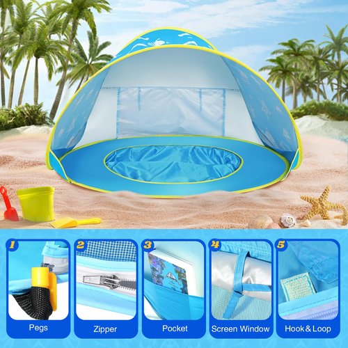 Monobeach Baby Beach Tent Ocean Pop Up Portable Shade Pool UPF50+ UV Protection Sun Shelter for Infant with Easy Set Up Canopy