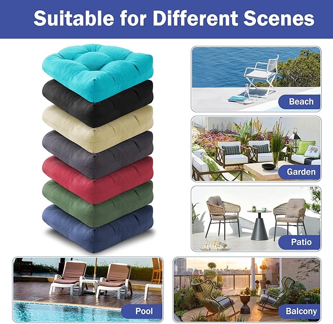 IPYNBAP Outdoor Chair Cushions Set of 2, Patio Chair Cushions with Ties, 19x19+5” Tufted Outdoor Seat Cushions, Waterproof Patio Furniture Cushions, Outdoor Dining Chair Pads, Teal