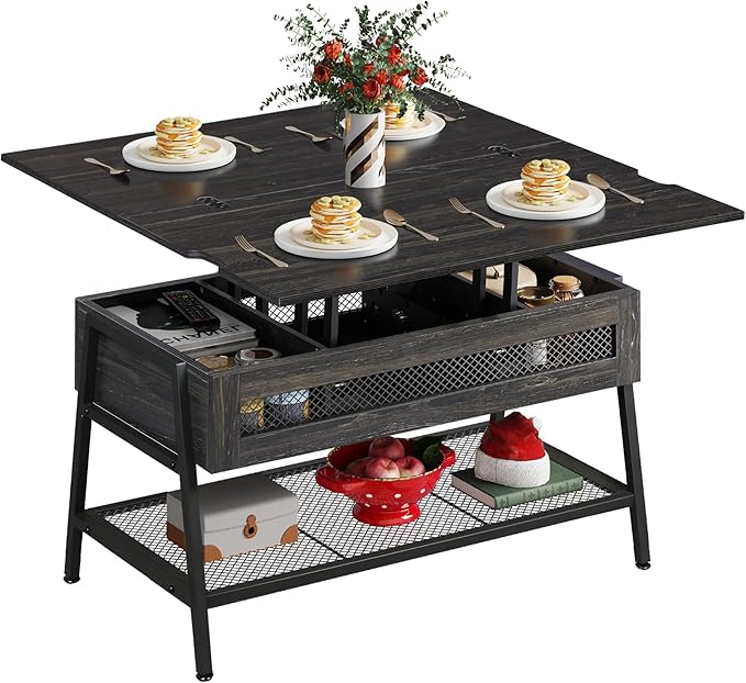 WLIVE Lift Top Coffee Table, 3 in 1 with Hidden Compartment, Multi-Function Coffee Table Converts to Dining Table for Living Room,Charcoal Black