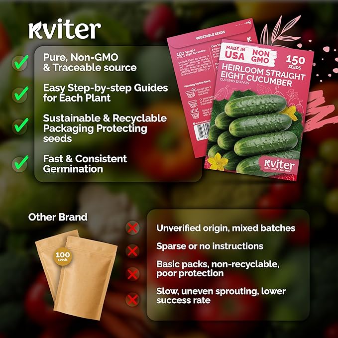 KVITER 150 Straight Eight Cucumber Seeds (Cucumis sativus) - Straight 8 Cucumber, Perfect Cucumbers for Pickling and Slicing - Vegetable Seeds for Planting Outdoors in Home Garden & Containers