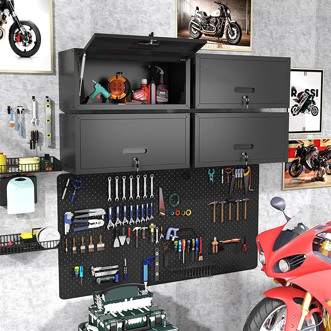 Garage Wall Cabinet with Flip-Up Door, Lockable Metal Storage Cabinet Wall