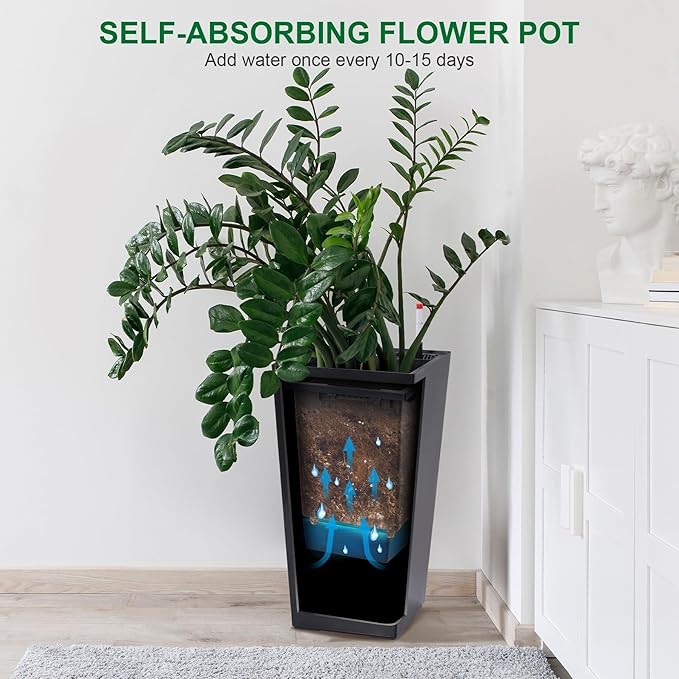 2 Pack Tall Self-Watering Planter Pots with Water Level Indicator, 12"l x 12"w x 22.5"h, Modern Flower Pots with Inner Bucket Handles and Water Injection Port for Indoor Outdoor Plants, Black