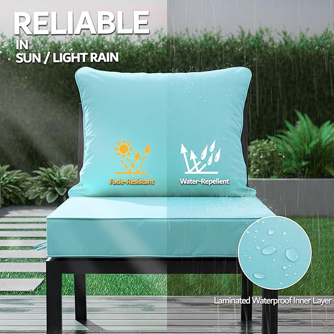 24x24 Inch Outdoor Chair Cushions Set of 4, Patio Furniture Cushions - Removable Cover, Water-Repellent, Fade-Resistant, Non-Slip Bottom & Straps, Replacement for Deep Seat Sofa & Couch - Light Blue