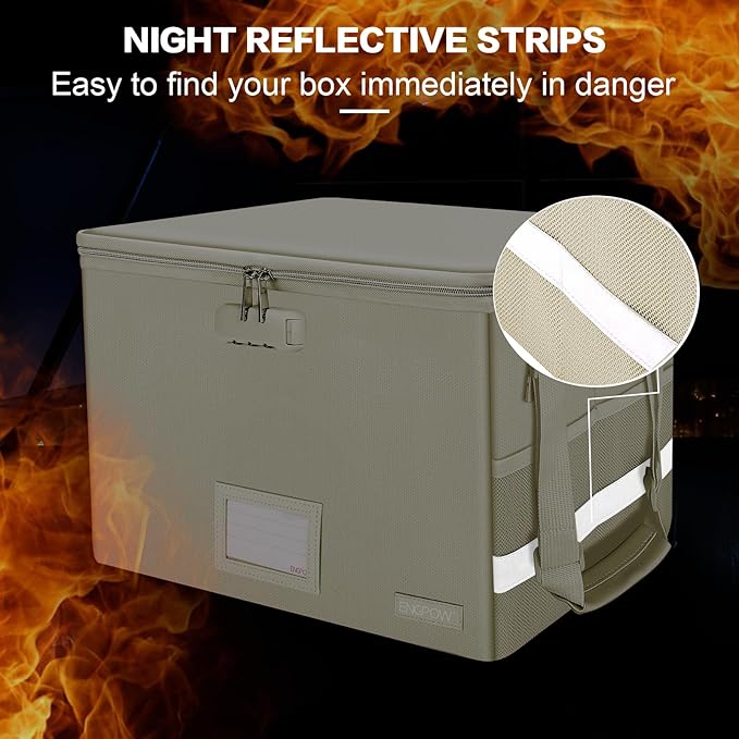 ENGPOW File Box with Lock,Fireproof Document Box with Zipper Lid,Collapsible File Storage Organizer Filing Cabinet with Handles,Portable Home Office Safe for Hanging Letter/Legal Folders,Beige,2 Pack
