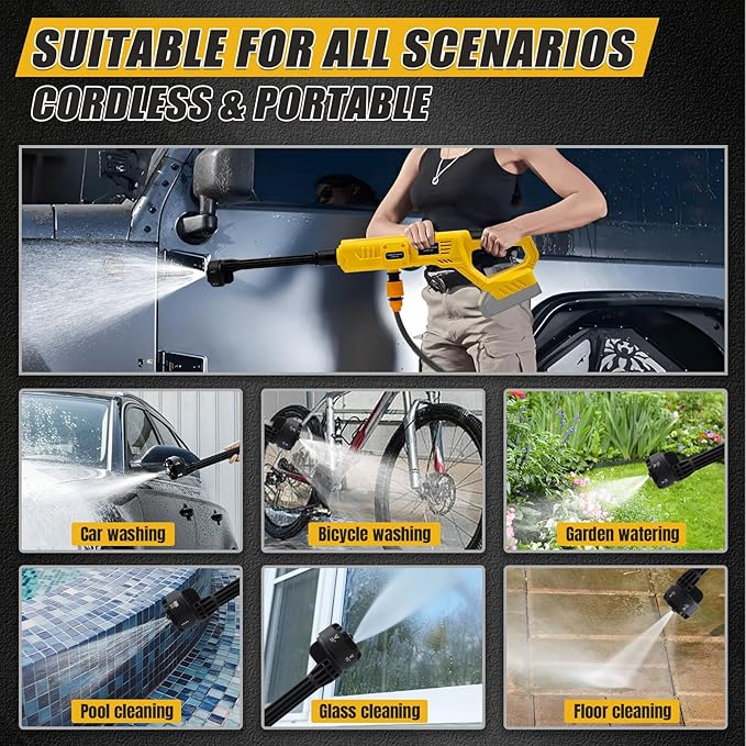 Cordless Portable Cleaning Tool Compatible with DeWalt 20V Battery, 800 PSI Brushless Handheld Cleaner Tool with 6 in 1 Nozzle, 16.4ft Hose, for Car, Garden, Floor, Fence Cleaning (NO Battery)
