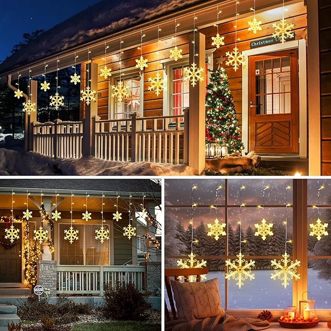 2 Pack 13 Ft 192 LED Snowflake Christmas Icicle Lights with 16 Drops, 8 Modes and Timer, IP65 Waterproof Connectable for Indoor Outdoor House Window, Warm White
