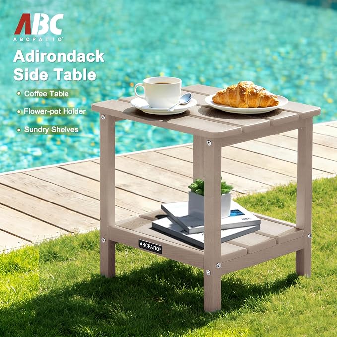Outdoor Side Table HDPE Small Outdoor End Table Patio Side Tables Square for Backyard Pool Porch Balcony Double Layer Storage, Sand (Wood Grain Finish)