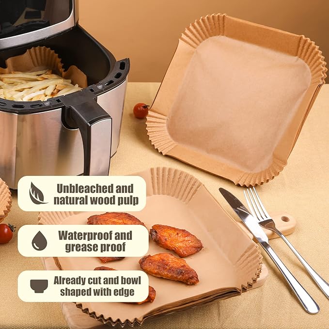 Disposable Paper Liner Square 250 Pcs for 2 to 5 Qt Air Fryer Baskets, Non-stick Oil-proof Parchment Liner Cooking Paper