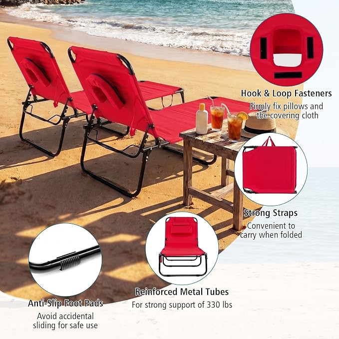 GYMAX Tanning Chair, Folding Lounge Chairs with Face Hole & Cover, Removable Pillow Carry Handle, Portable Compact Outdoor Layout Recliner for Beach, Poolside, Lawn, Patio, Camping (Red,2)
