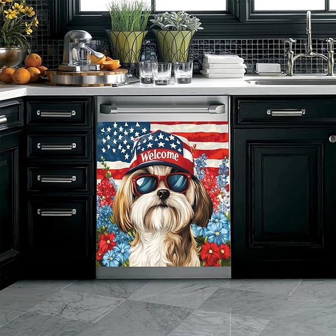 American Flag Pet Dogs Magnetic Sticker Dishwasher Cover Kitchen Decor, 23x26inch Floral Dishwasher Magnet Cover, Patriotic Dishwasher Decal, Refrigerator Panel,Magnetic Dishwasher Sticker