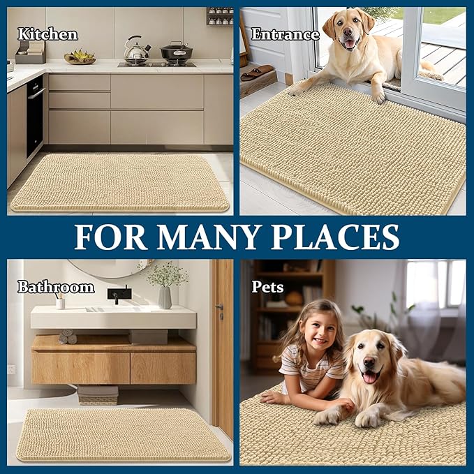 OLANLY Dog Door Mat for Muddy Paws 48x30, Absorbs Moisture and Dirt, Absorbent Non-Slip Washable Doormat, Quick Dry Chenille Mud Mat for Dogs, Entry Indoor Entryway Carpet for Inside Floor, Sand