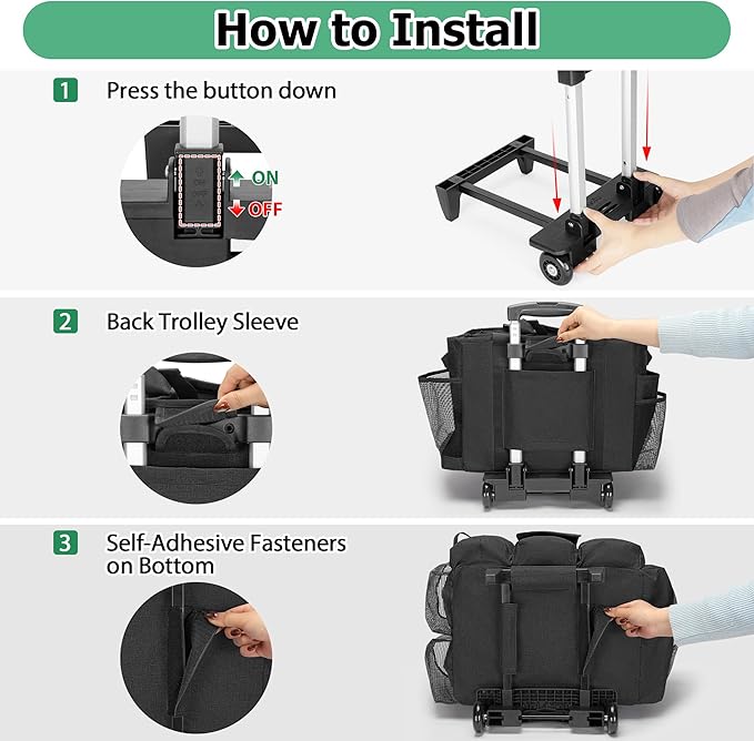 LoDrid Rolling Cleaning Bag with Detachable Trolley, Portable Cleaning Cart on Wheels for Supplies, Professional Caddy with Shoulder Strap for Housekeepers, Black (Patent Design)