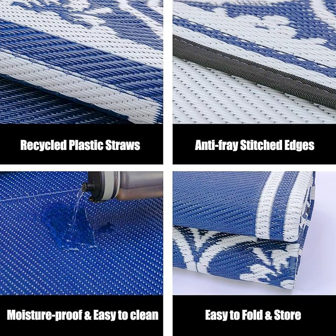 Outdoor Rug 8x10 Patio Waterproof Mat Camping Carpet Outside Area Rug Reversible Light Blue Rugs for RV Deck Entryance Porch Picnic Balcony Beach