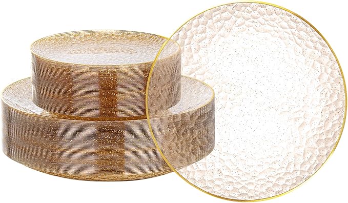 Rubtlamp 60Pcs Clear Gold Plastic Plates, Gold Glitter Disposable Plates, Hammered Plastic Plates Included 30 Dinner Plate And 30 Dessert Plate for Weddings Party Birthday