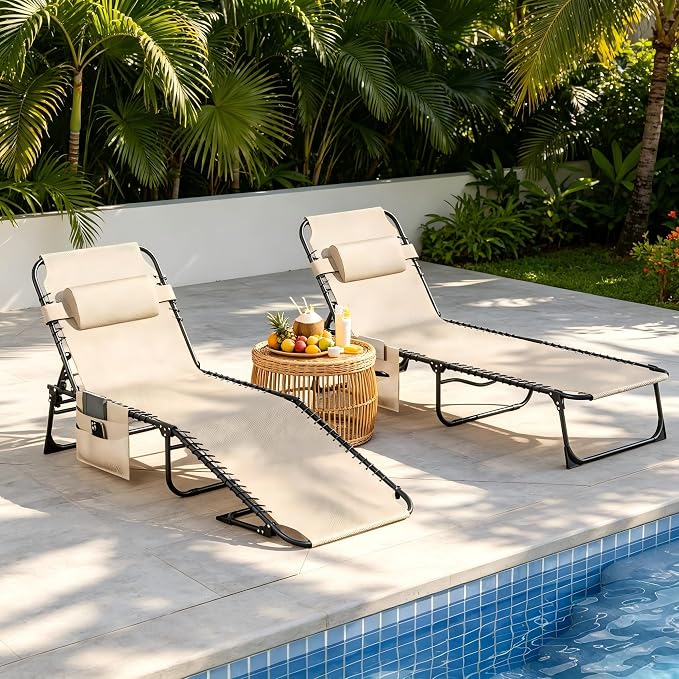 Outdoor Lounge Chair, Foldable Reclining Chaise Lounge with Detachable Pillow & Side Pocket, 4-Position Recliner Tanning Chair for Beach, Pool, Lawn, Backyard, Beige, 2 Packs