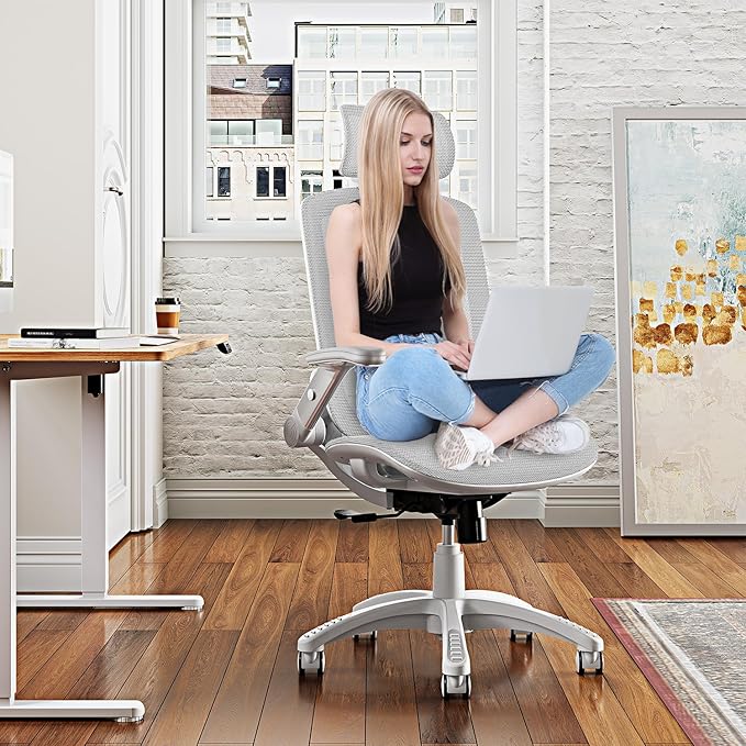 GABRYLLY Ergonomic Office Chair, High Back Home Desk Chair with Headrest, Flip-Up Arms, 90-120° Tilt Lock and Wide Cushion, 300LBS Mesh Chairs for Man Woman, White Task Chair(Grey,GY01WG)