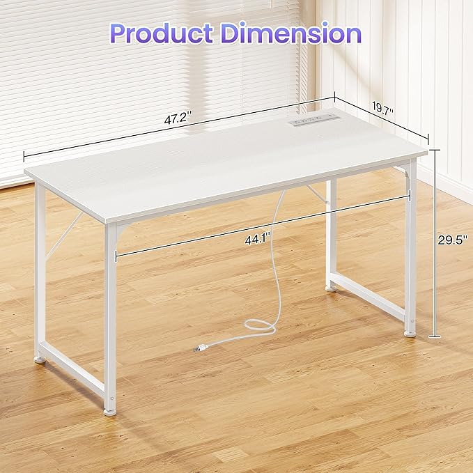 PRAISUN 47 X 20 Inch Office Computer Desk with Power Outlets and USB-C Port, Larger Gaming Desk, for Home Office, Study, Bedroom, Writing Work from Home Table, Metal Frame, White