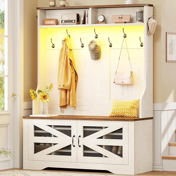 Itaar Hall Tree with Bench and Shoe Storage, 5-in-1 Entryway Bench with Coat Rack, 10 Shoe Cubbies & 9 Coat Hooks, Barn Door & Adjustable Shelf (White)
